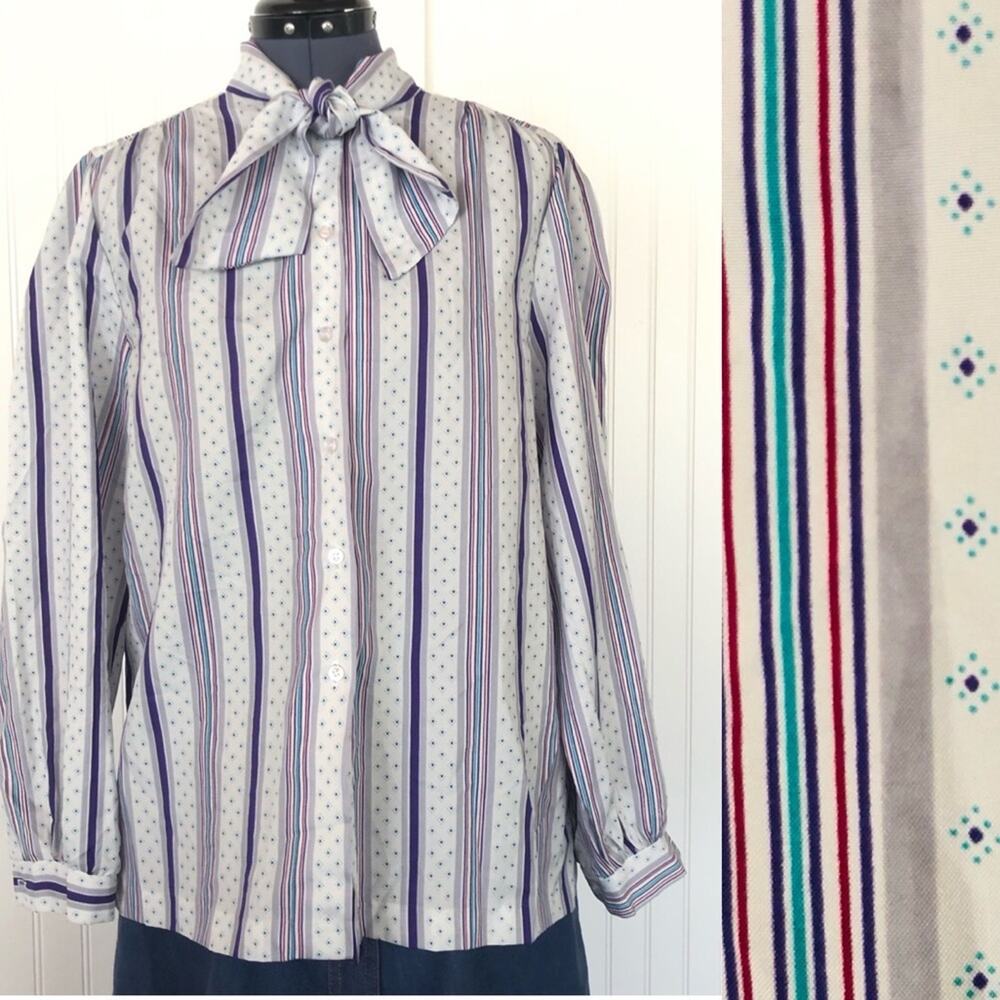 Vintage 70s 80s Blouse Bow Tie Neck Secretary Blouse Purple Blue Colorful Stripe